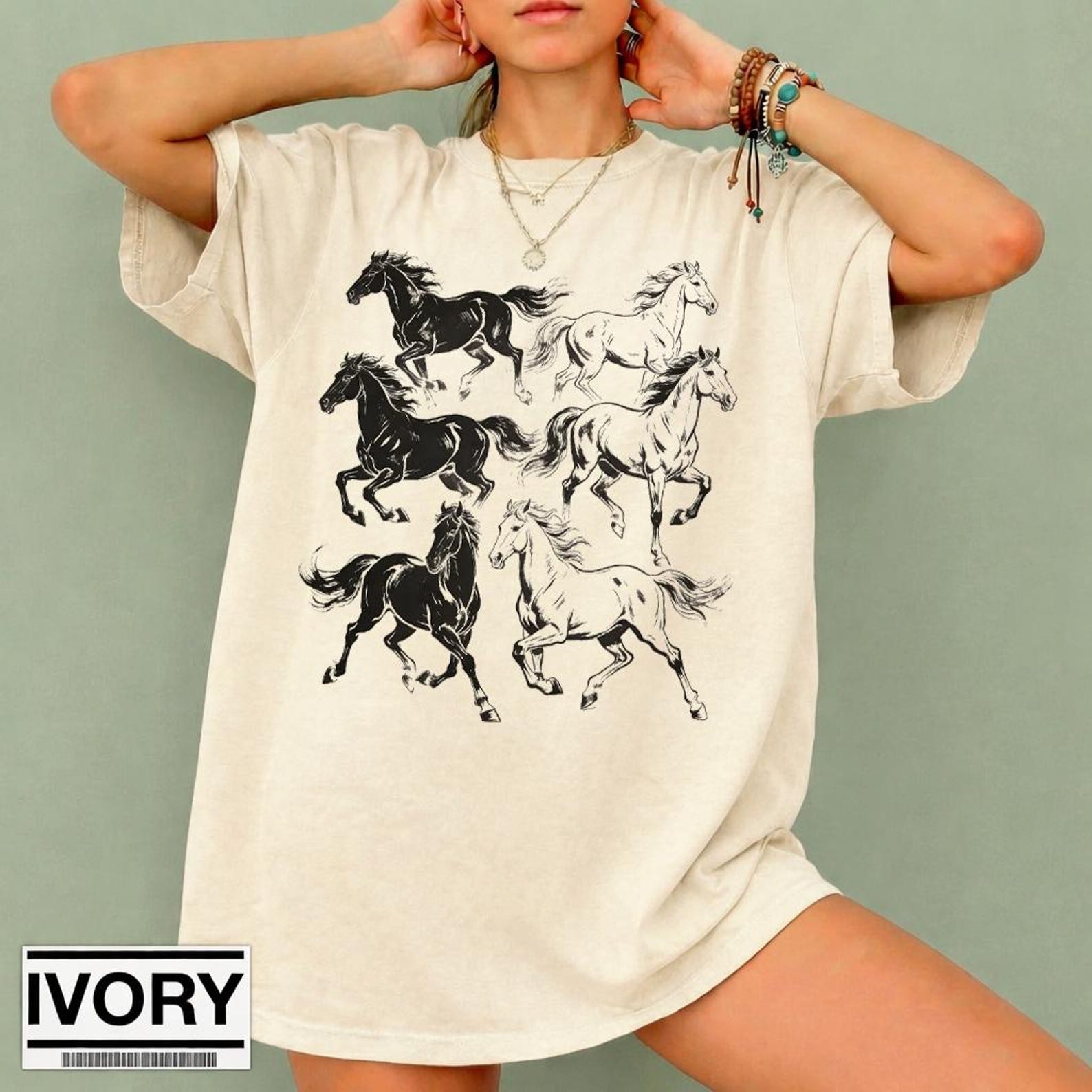 Vintage Running Horses Shirt, Western Cowgirl Tee, Boho Horse Graphic T-Shirt, Equestrian Lover Gift, Rustic Ranch Style Ivory Tee S