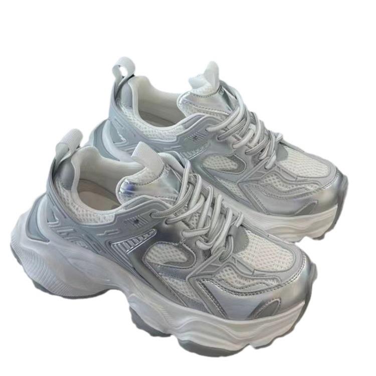 Pantofi argintii pentru tată, primăvară și vară, plasă nou, respirabil, fund gros, care crește înălțimea, pantofi pentru femei, pantofi casual din piele