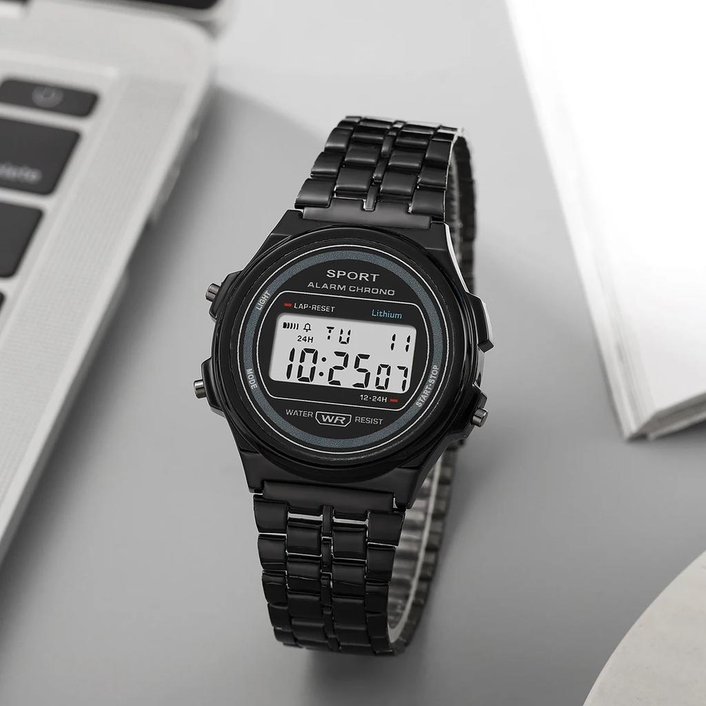 Women Casual LED Electronic Watch Retro Stainless Steel Men Women Unisex LED Digital Watch Multifunction Waterproof Wristwatch