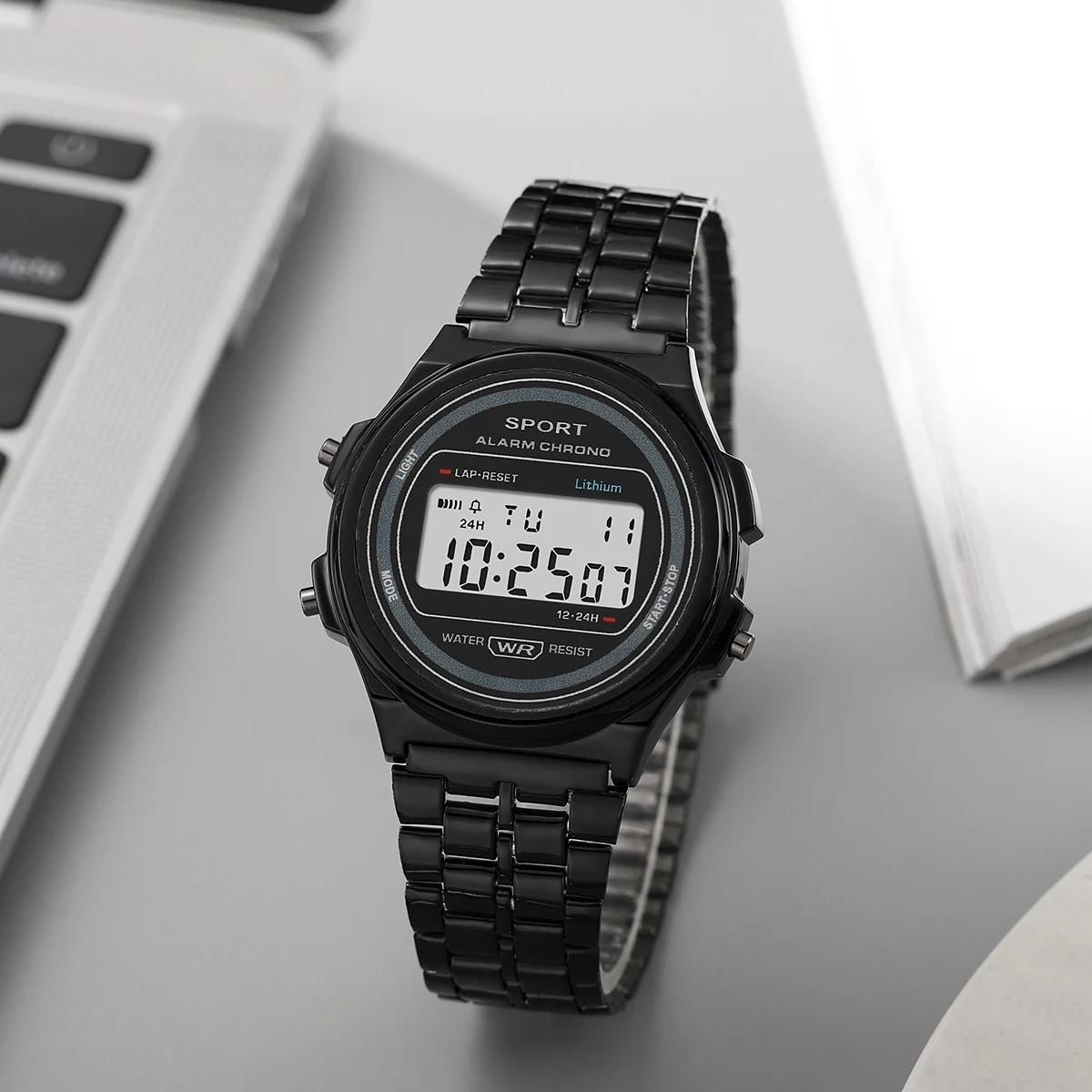 

Women Casual LED Electronic Watch Retro Stainless Steel Men Women Unisex LED Digital Watch Multifunction Waterproof Wristwatch чёрный