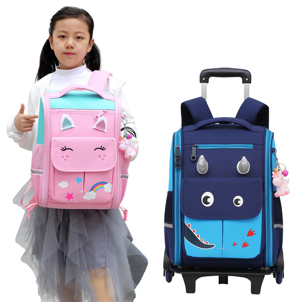 Grundschulrucksack für Jungen, einziehbar und abnehmbar, Treppensteigen, Cartoon-Trolley, Polyester, Kinderschultasche, großes Rad