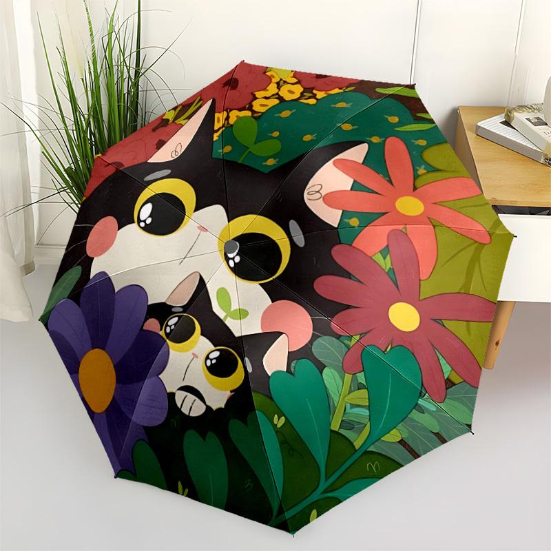 1pc Floral CatsAutomatic Folding Umbrella, Portable Collapsible Design, Casual Outdoor Accessory, for All Seasons 058