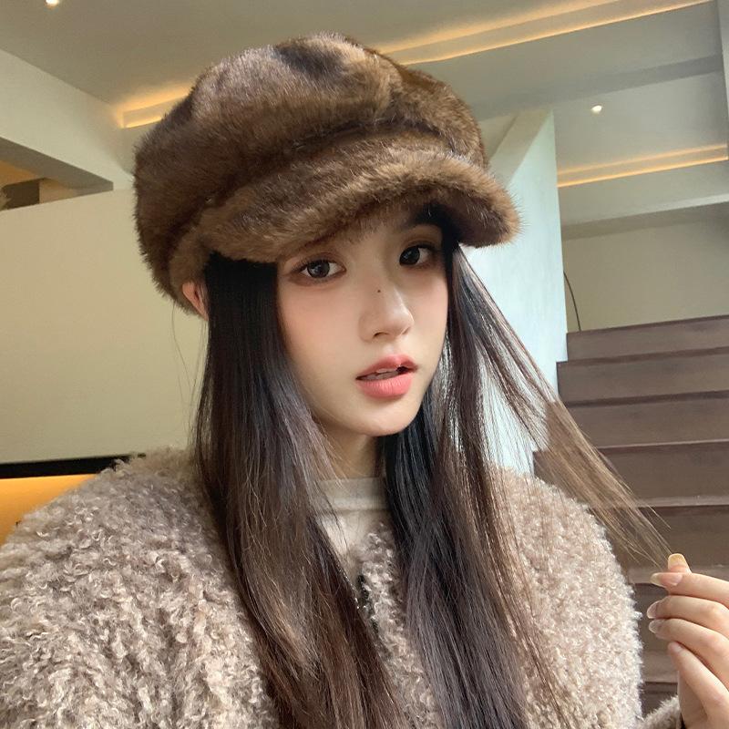 Autumn and Winter Hat Women's New Plush Cap Fashionable Warm Windproof Ear Hat Imitation Fur Octagonal Hat