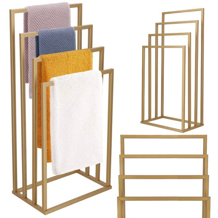 Porte-serviettes sur pied - Springos® - 4 barres - Métal - 96 cm - Couleur or