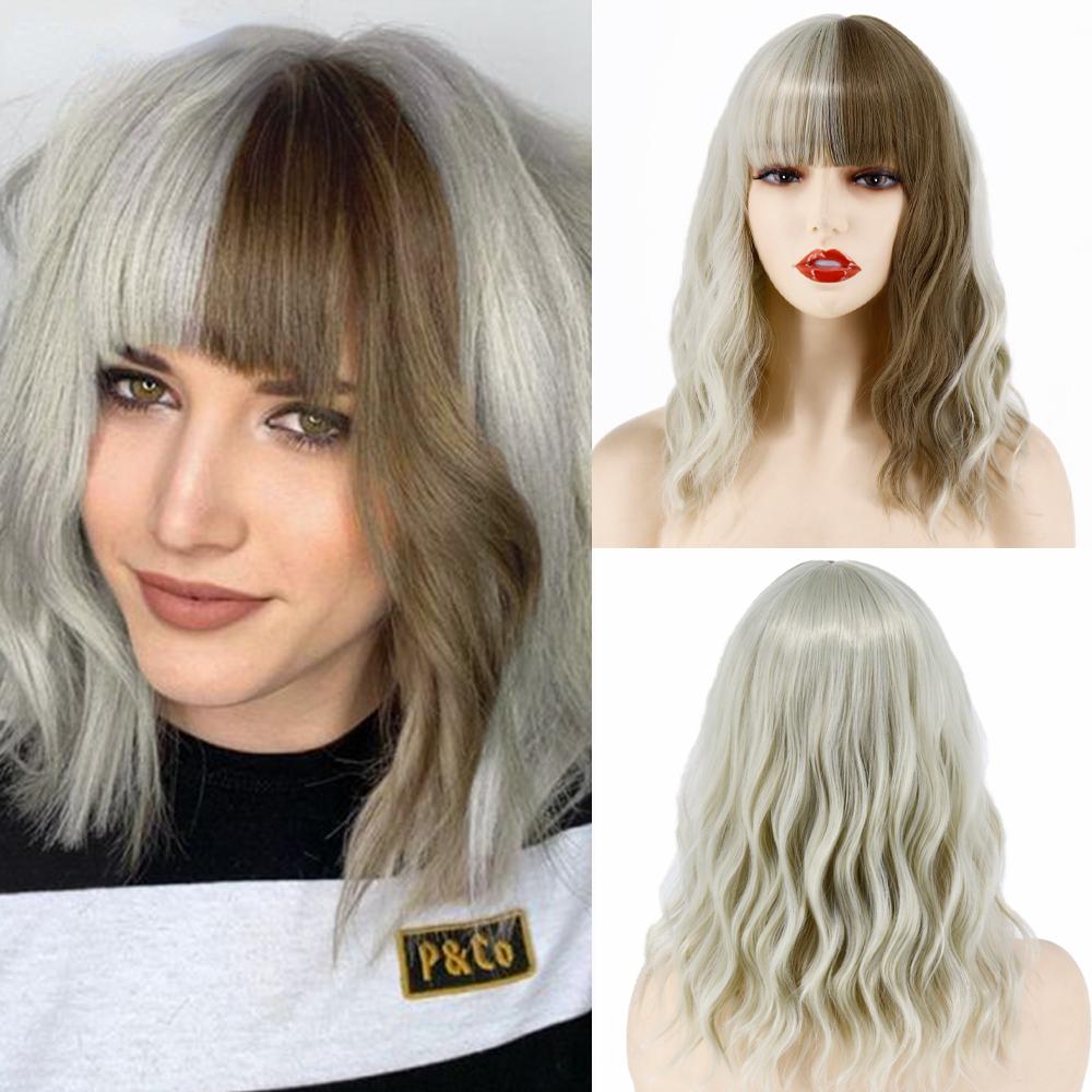 MERISIHAIR Brązowe krótkie peruki Bob Wave z grzywką Blond dla kobiet Naturalne odporne na ciepło syntetyczne peruki Codzienne noszenie Cosplay Kręcone włosy