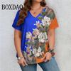 Damen T-Shirts Bunte Blumen 3D-Druck Kurzarm T-Shirt Sommer Retro V-Ausschnitt Locker Lässig Große Größen Oberteile