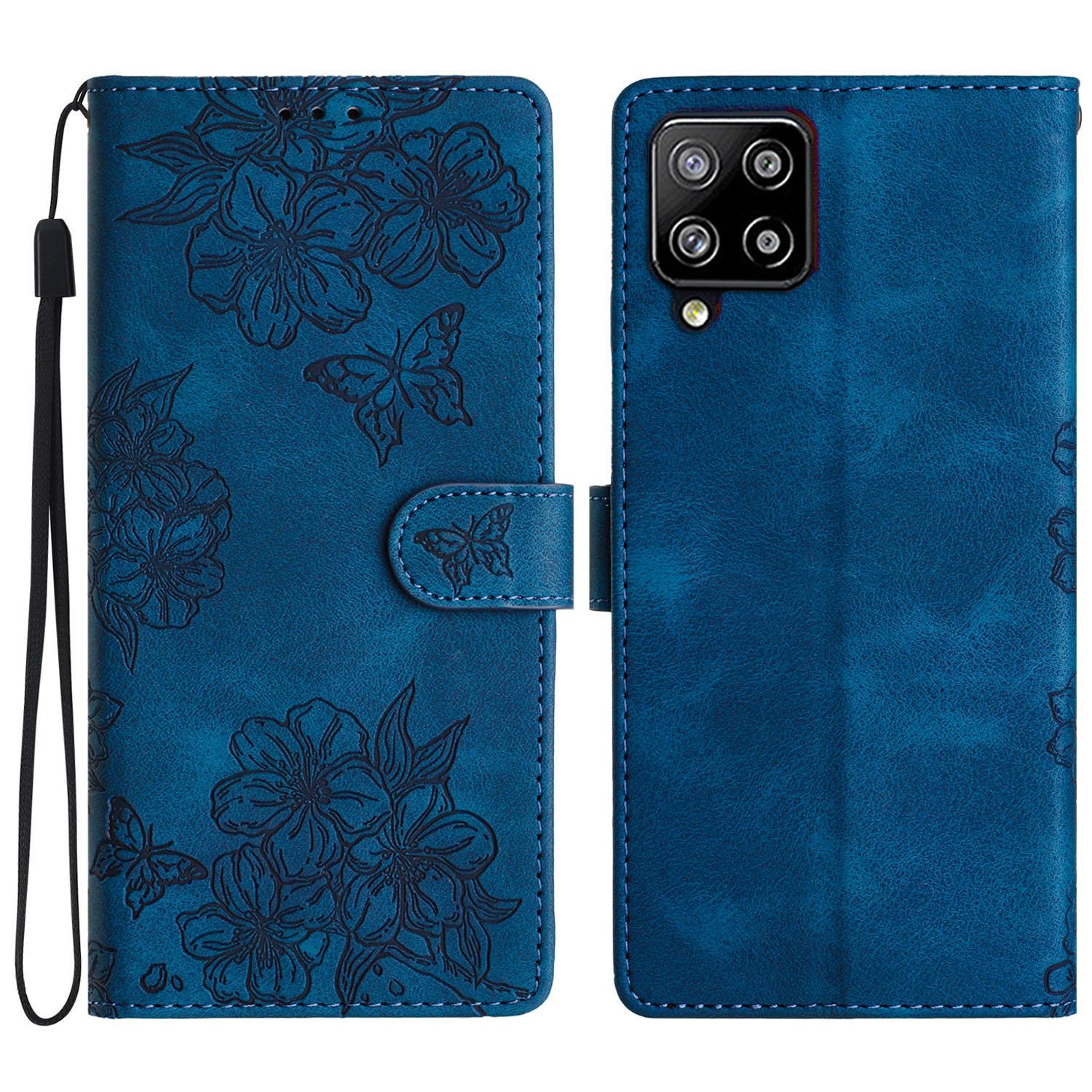 

For Samsung Galaxy A22 4G (EU Version) Case Sakura Butterfly Imprint Leather Wallet Phone Cover Blue