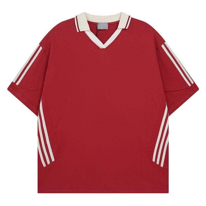 American Striped Loose Casual Short-sleeved T-shirt Couple Summer Trend V-neck Simple Red Men's and Women's Sports Top