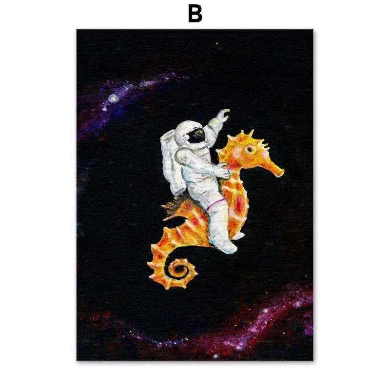 Fantastic Space Astronaut Octopus Seahorse Wall Art Canvas Painting  Nordic Posters and Prints for Living Room Decor