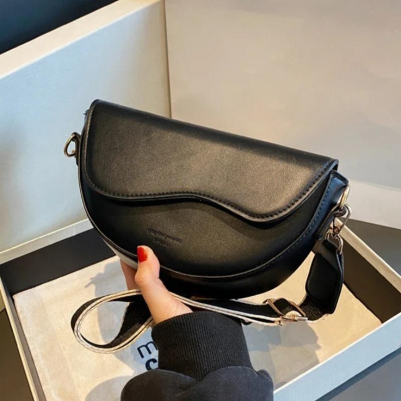 Women Vintage Solid Color Flap Small Saddle Shoulder Underarm Bag Fashion PU Leather Wide Strap Crossbody Bag Handbags Purses