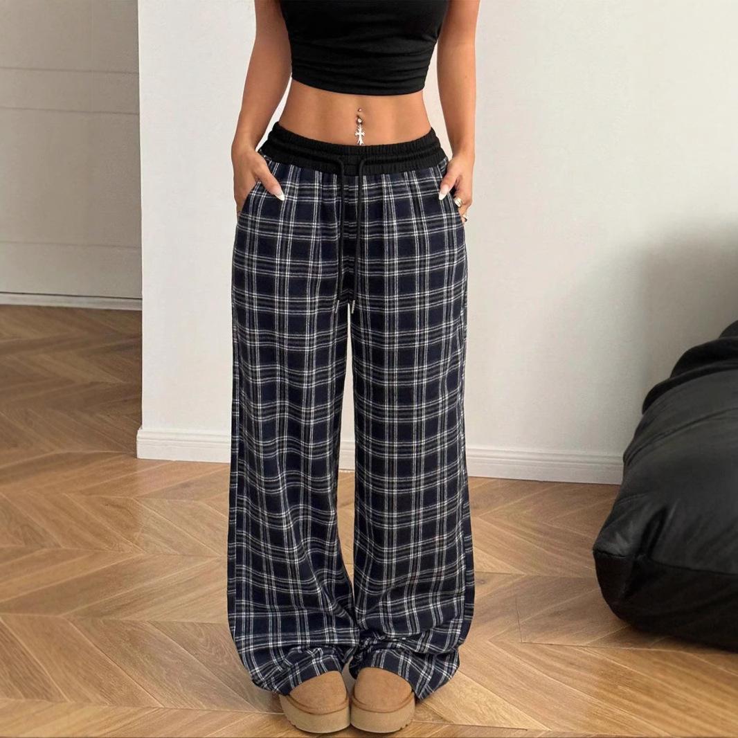 

Fashion Loose Fit Elastic Waist Home Plaid Pattern Casual Pants Trousers for Comfortable Wear S чорний