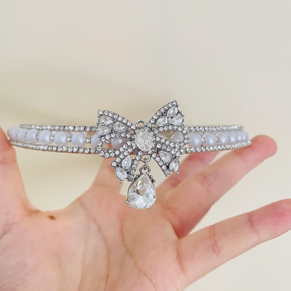 Collier avec Perles Nœud Argenté Pompon Bijou de Cou Brillant Perles Personnalisées Choker Strass pour Cadeau