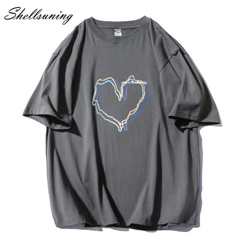 Shellsuning Loose O Neck Cotton Printed Shirts Women Summer Kawaii Heart Graphic Tees Female Casual Short Sleeve Base Black Tops