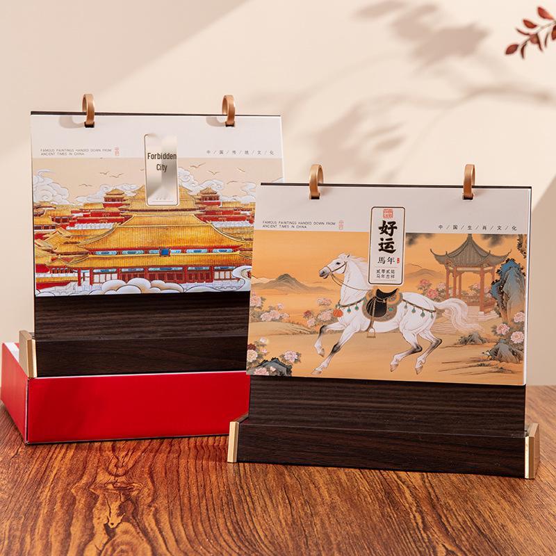 2026 Jahr des Pferdes Chinesischer Stil Holz Schreibtischkalender mit Doppelringständer