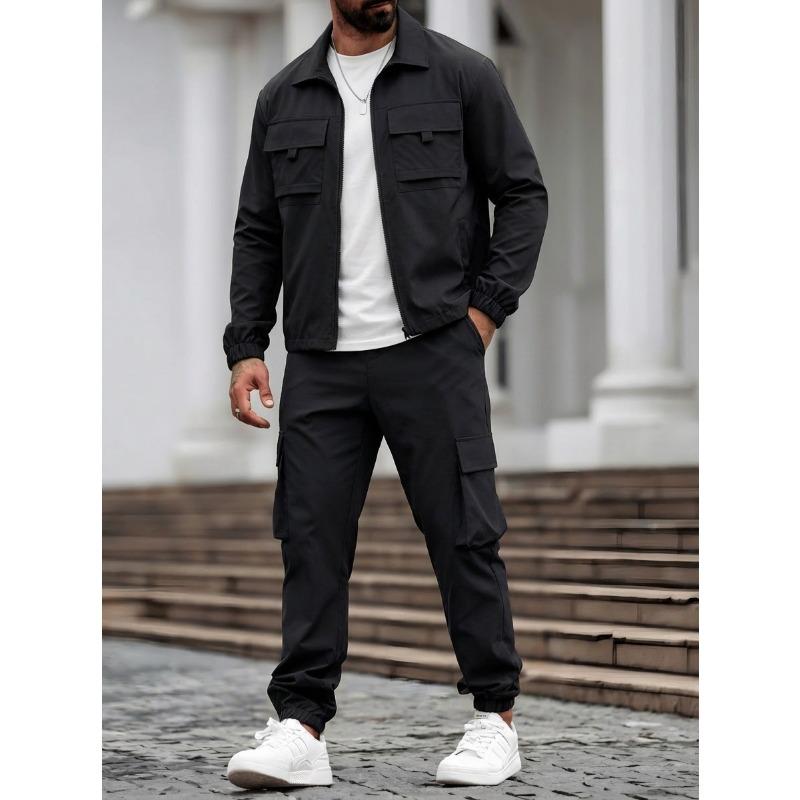 

Mens Black Cargo Jacket And Joggers Set 2 Piece Outfit S чорний