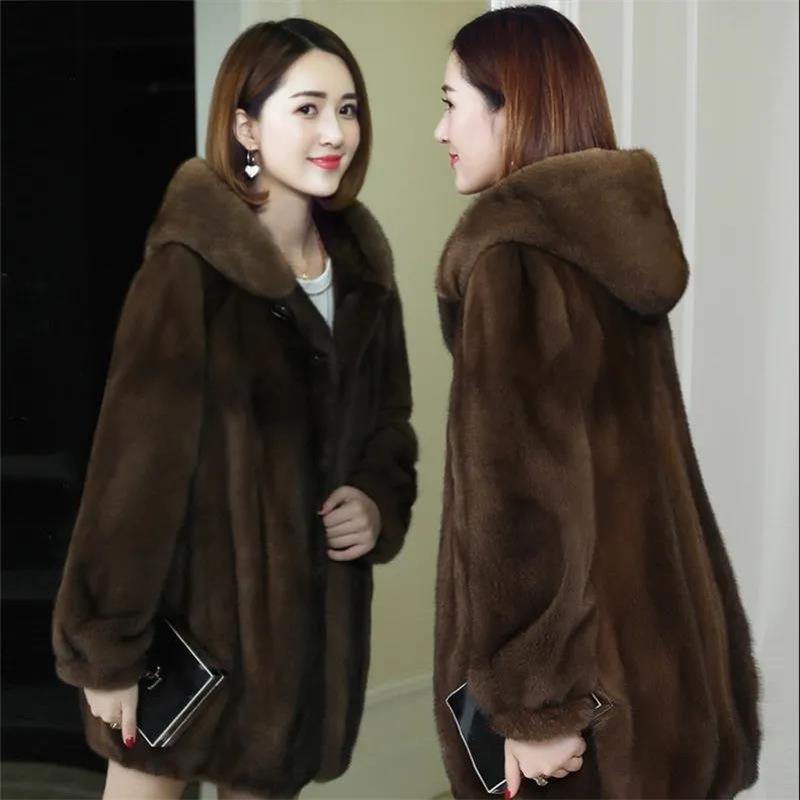 Hooded mid-length imitation mink fleece coat