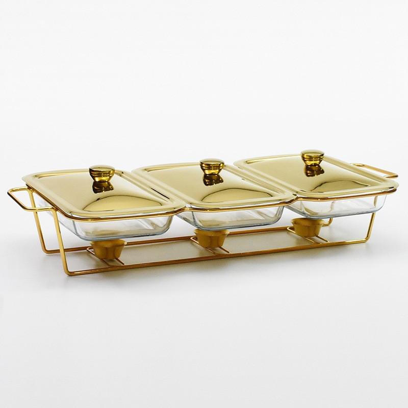 Restaurant Buffet Stove Chaffing Dish Golden Rectangular Three-Grid Glass Dining Stove Glass Heating Container
