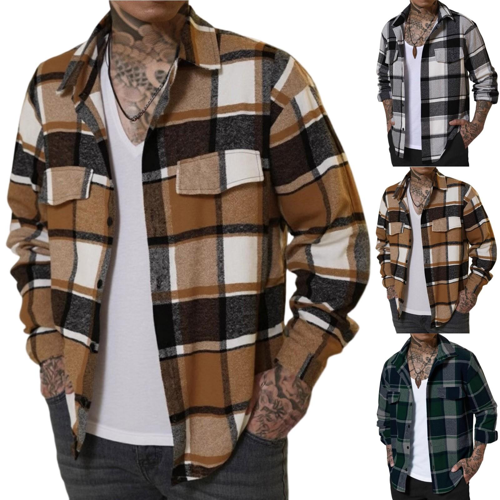 

Men s Casual Long-Sleeve Shirt - Plaid Turn-Down Collar Double-Pocket Button-Down Versatile Dress Shirt XL хакі