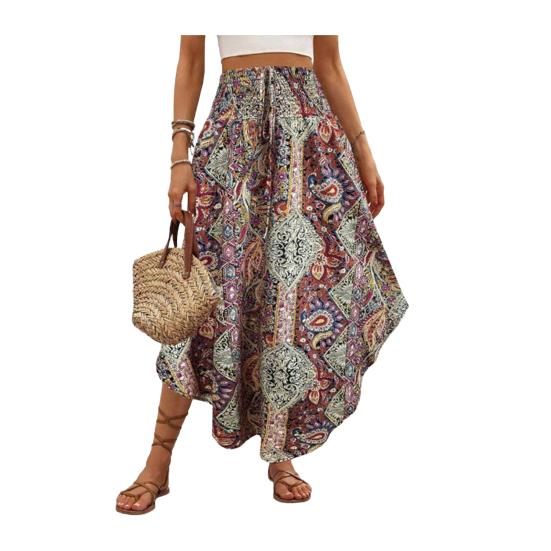 Boho Skirt Elastic High Waist A-Line Skirt Boho Adjustable Lace-up Retro Printed Loose Fit Slimming Skirt