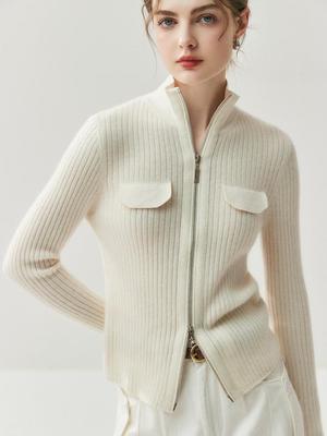 Cardigan da Donna in Cashmere con Collo Alto, Zip Doppia e Dettagli Tasche Finte, Autunno/Inverno 2025