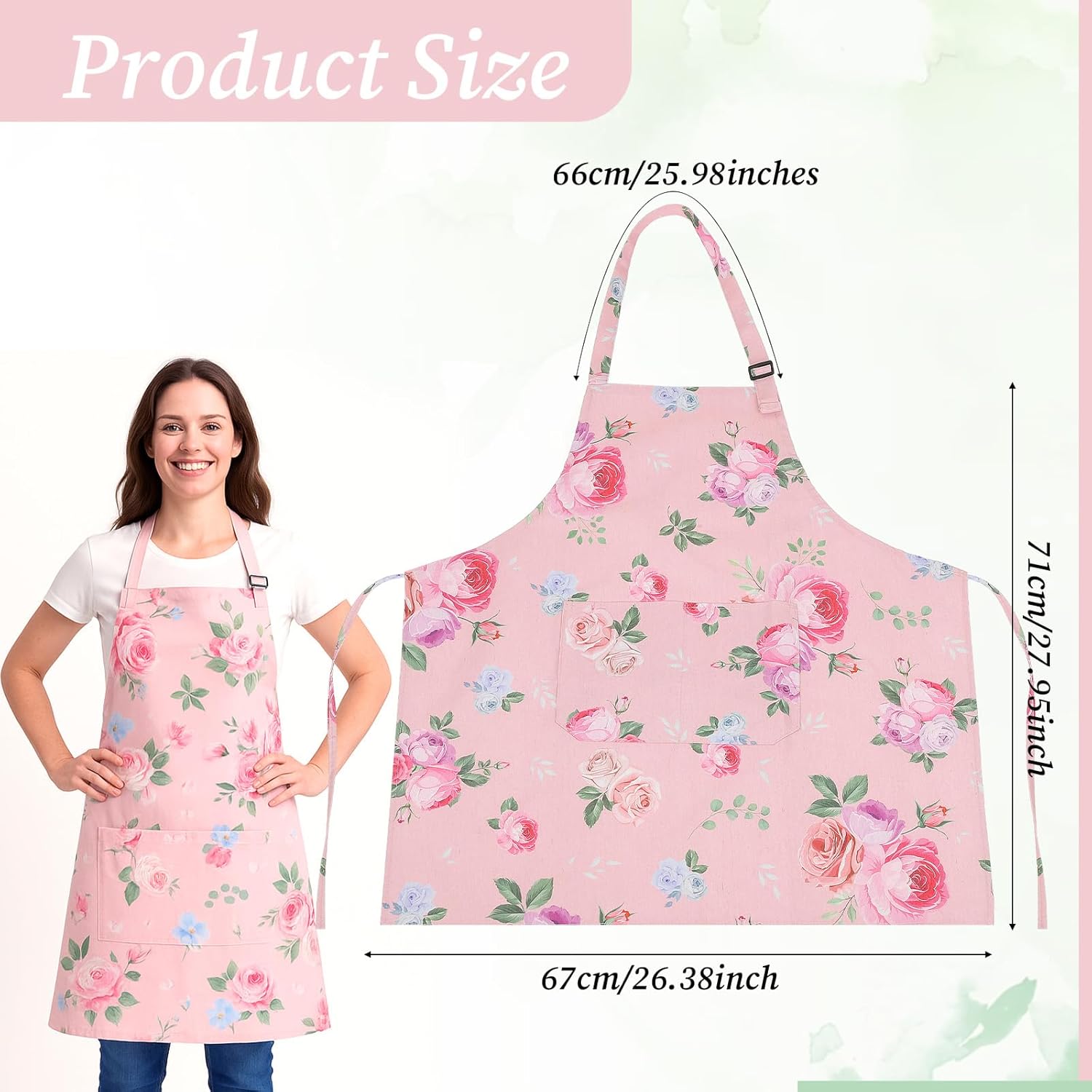 Floral Apron for Women, Adjustable Kitchen Aprons with 2 Pockets Vintage Cute Rose Floral Apron, Chef Bakers Aprons for Cooking Baking Gardening