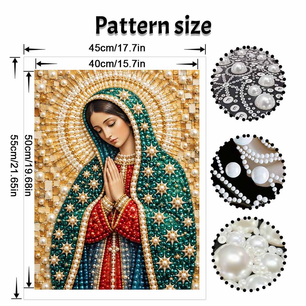 Virgin Mary Pearl Bead Painting with Frame Shiny Canvas Art Creative Handmade Craft Desk Decor Gift for Religious Art Collectors