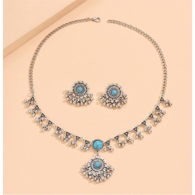 Vintage Ethnic Crystal Jewelry Sets For Women Ball Beads Tassel Choker Necklace Earrings