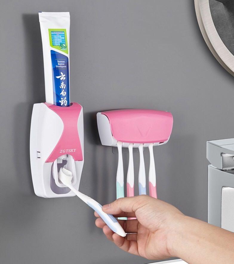 Automatic Toothpaste Dispenser Wall Mount Dust-proof Toothbrush Holder Wall Mount Storage Rack Bathroom Accessories Set Squeezer