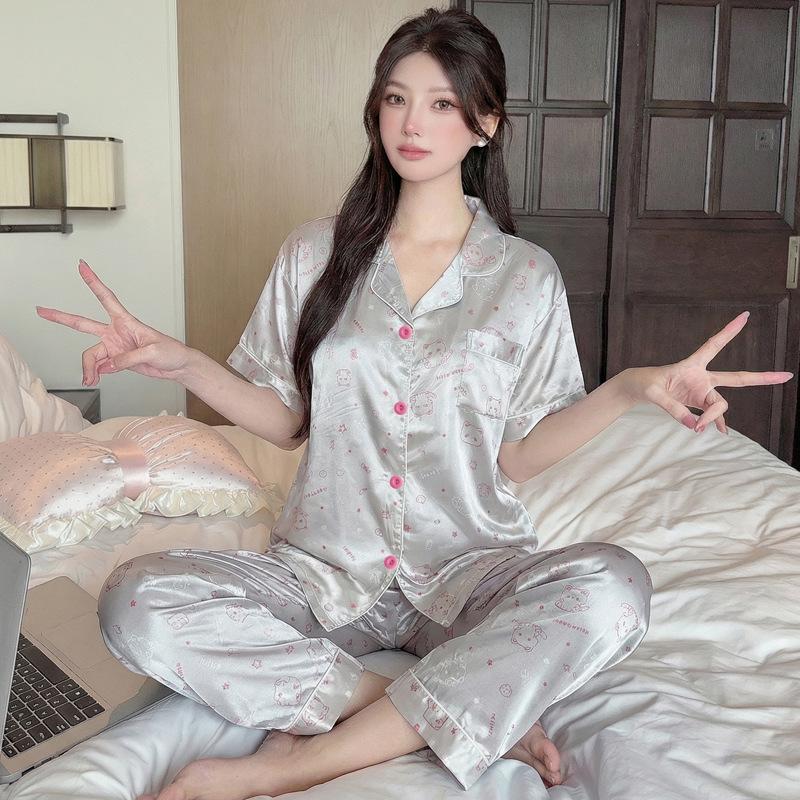 Ice Silk Pajamas Women'S Short-Sleeved Trousers Summer Silk Cute Kitten Jacquard Student Loungewear Set