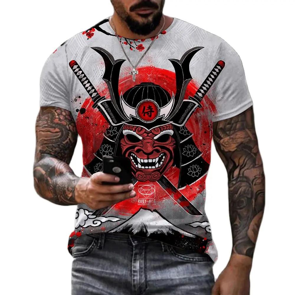 Summer Trend Retro Japanese Samurai Pattern T-shirt Personality Men's T-shirt Harajuku Round Neck Short Sleeve Top T-shirt