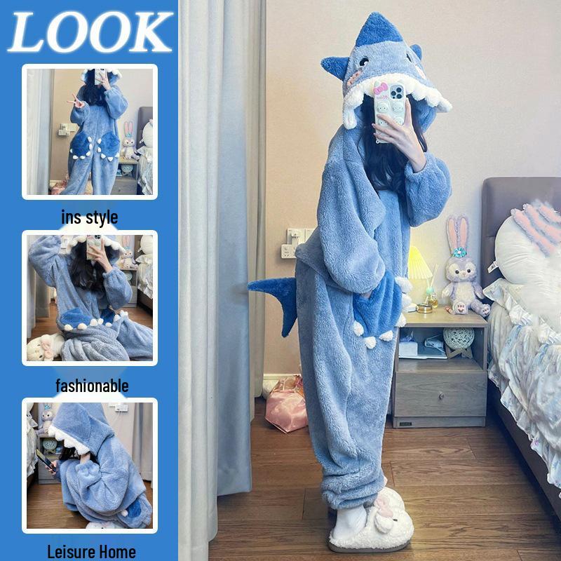 Shark Coral Fleece Winter Casual Cute Plus Velvet Onesie Pajamas M