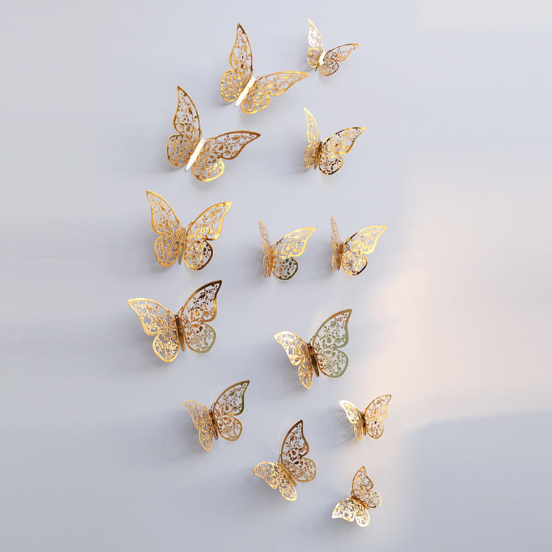 12 Pièces/Ensemble Creux 3D Papillon Stickers Muraux Décoration de Mariage Papillons Autocollants Salon Fenêtre Jardin Décoration de Maison Papier Peint