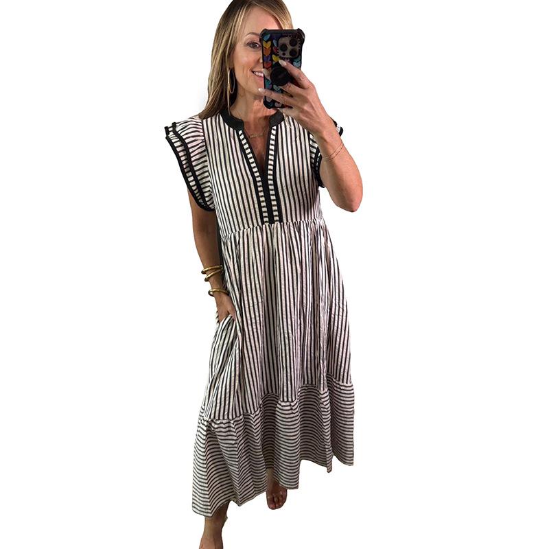

2026 European & American Style Women s High-Waisted Striped Ruffle Long Dress M