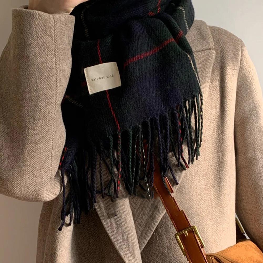Women Winter Warm Scarf Trendy Sweet Plaid Tassel Imitation Cashmere Neck Warmer For Birthday Gifts