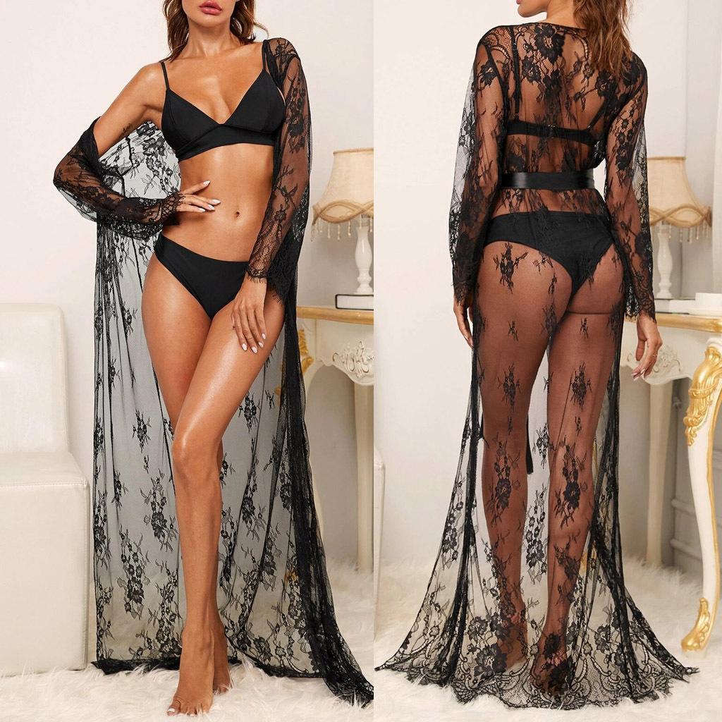 Sexy new perspective bathrobe black robe set lace lingerie