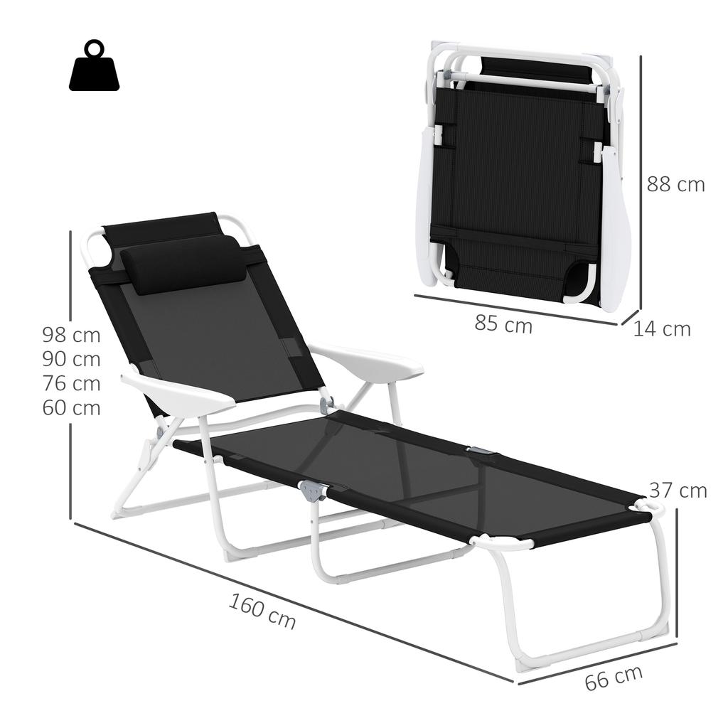 Foldable Sun Lounger Garden Lounger with Pillow, Lounge Chair with 4-Way Adjustable Backrest up to 120 kg Black
