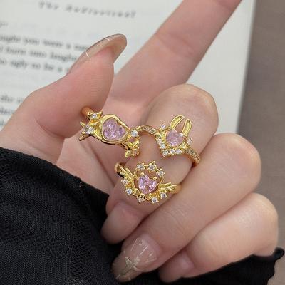 Light Luxury Dream Girl Heart Pink Love Colored Treasure Zircon Rabbit Wing Open Ring Starlight Stacked Index Finger Ring