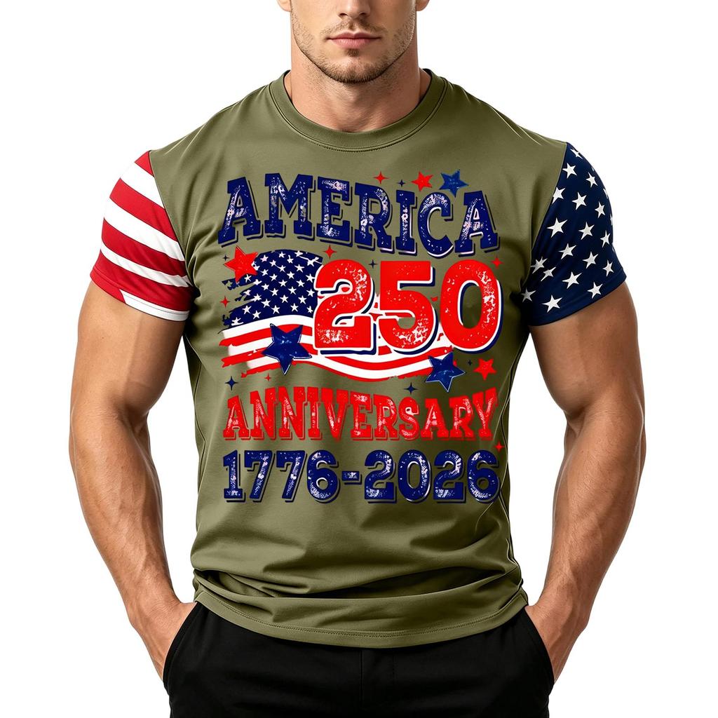 Men's Loose Fit Short Sleeve T Shirt Casual Summer Daily Wear Flag Print Crew Neck Top for Outdoor Activities