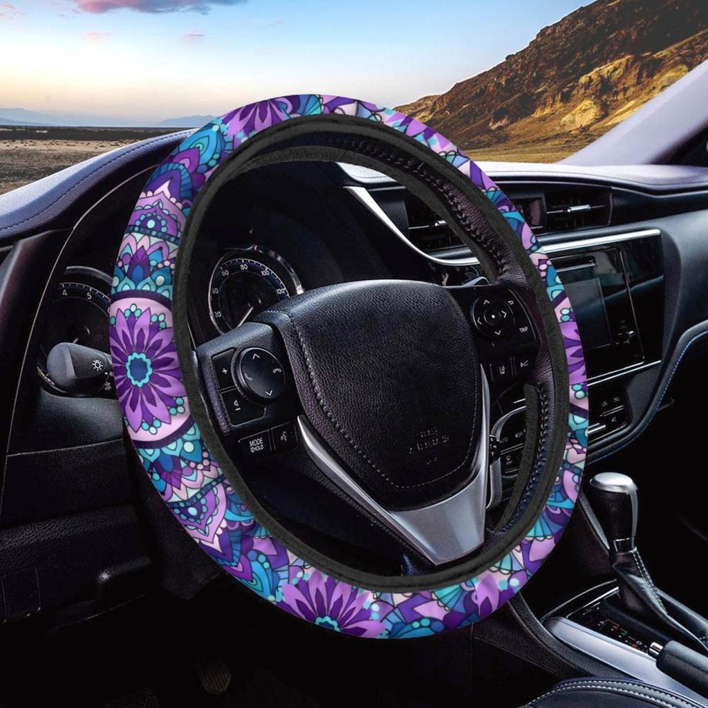 Bohemian Print Steering Wheel Cover Universal Fit for 36cm-39cm Diameter Car Steering Wheels Four Season Use