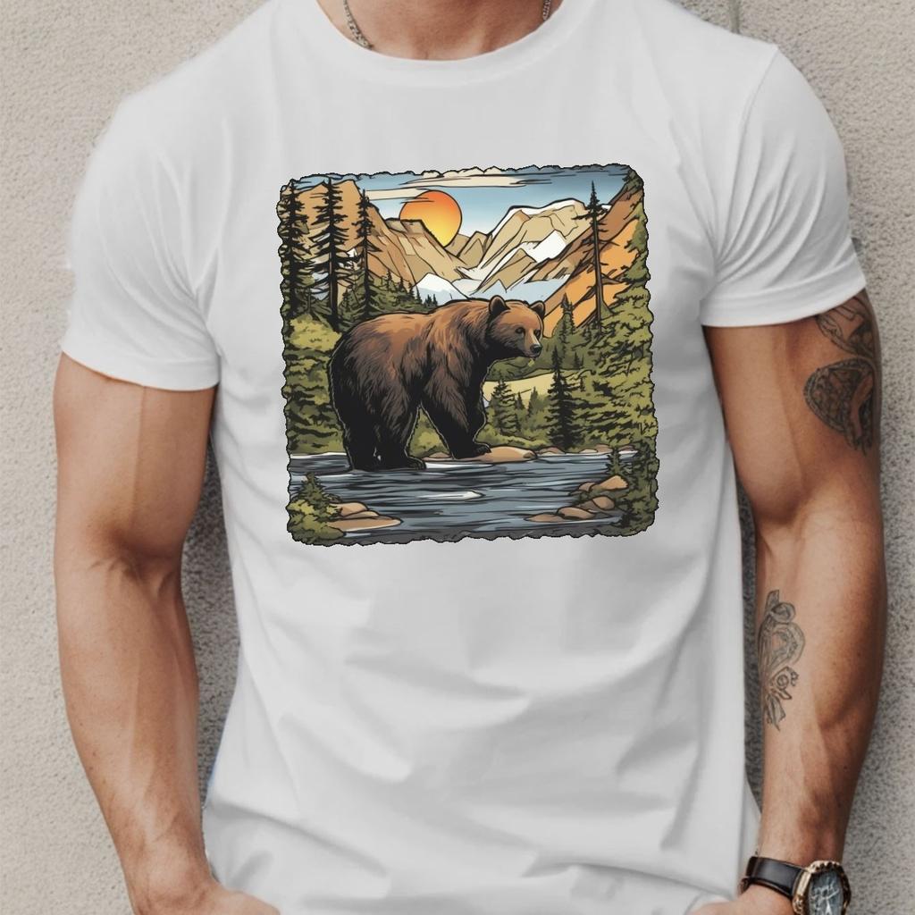 Bear In River Graphic Tee Men Short Sleeve Casual Breathable Cotton TShirt