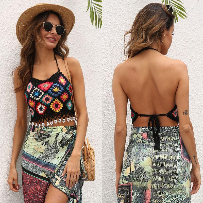 

Cutout Fringed Camisole Tie Tank Top Hollow Tassel Sling Strap Vest black M