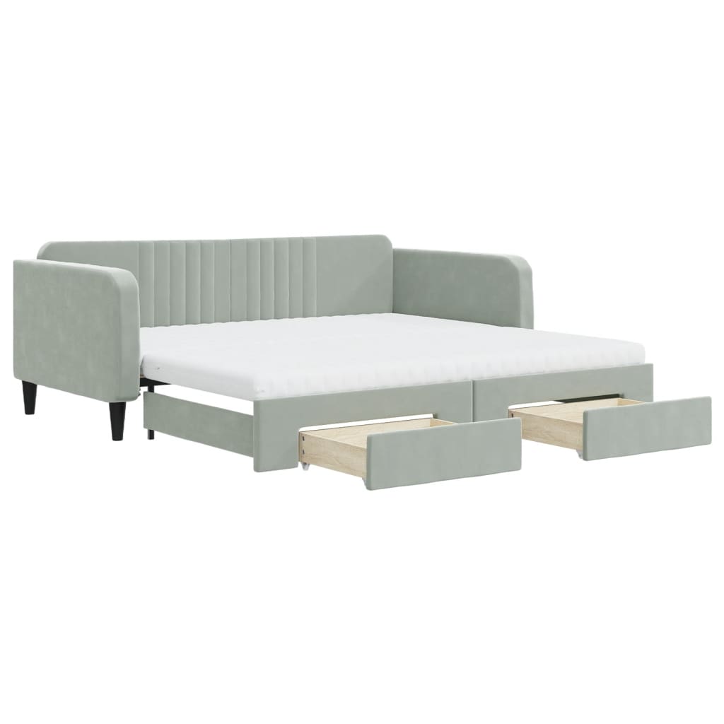 2 In 1 Pull Out Daybed with Drawers Light Gray 100x200 Cm Velvet
