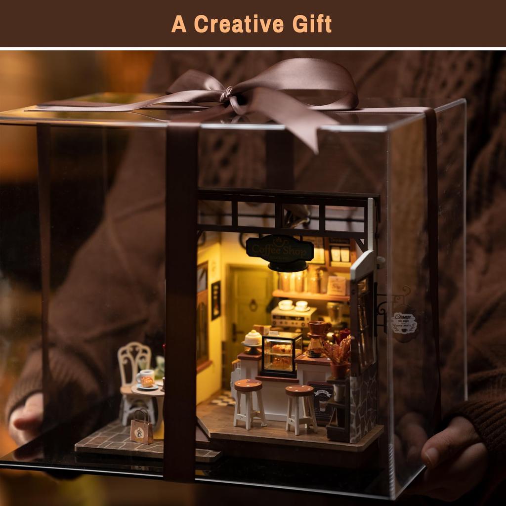 Rolife Miniature House Cafe Coffee Shop Miniature House Kit Dollhouse DIY 3D Puzzle LED Handmade Kit Assembly Wooden Puzzle Wood Craft Illustrated