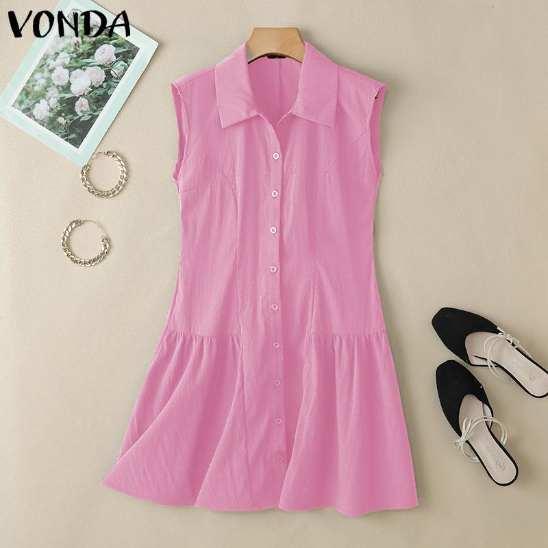 VONDA Summer Women Lapel Neck Sleeveless Buttons Up Ruffled Casual Tank Dress