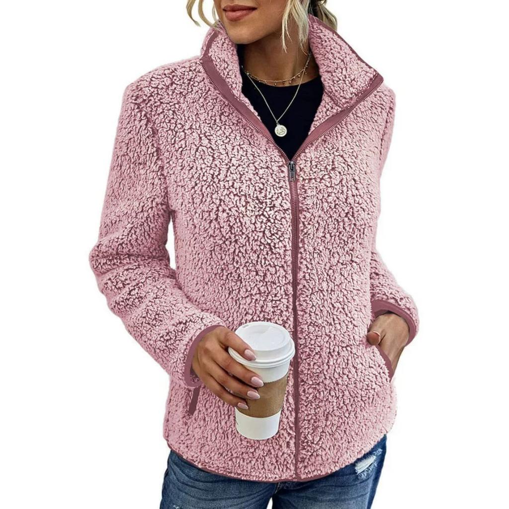 Stehkragen Einfarbiger Pullover Damen Casual Fashion Langarm Reißverschluss Bubble Fleece Jacke