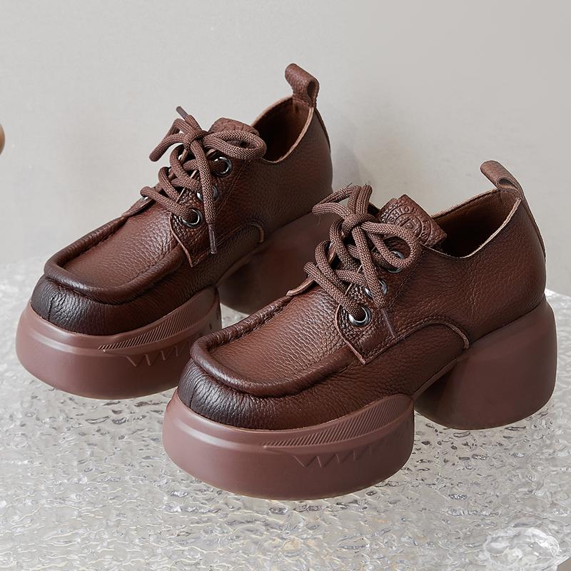 Fashion GKTINOO Thick Sole Pumps Versatile Genuine Leather Retro Women's Shoes 2025 Spring New Round Toe High Heel Platform Shoes