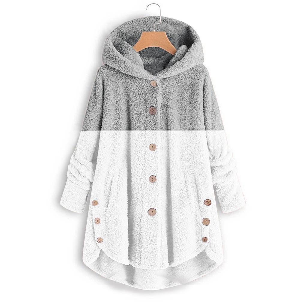 Women's Fashionable Patchwork Loose Hooded Plush Button Long Sleeved Loose Warm Jacket