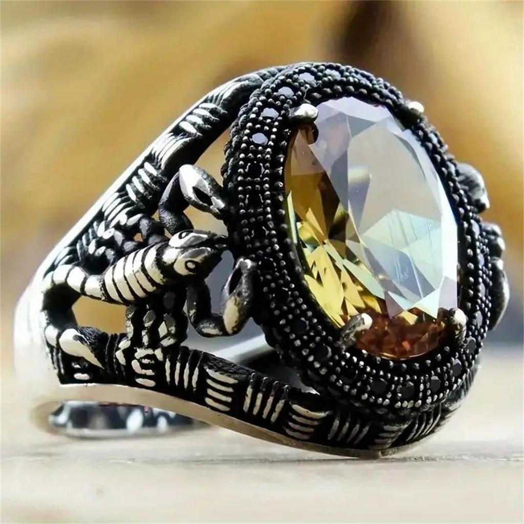 Retro Handmade Turkish Signet Rings For Men Ancient Copper Color Carved Scorpion Animal Rings Yellow Zircon Inlay Muslim Rings