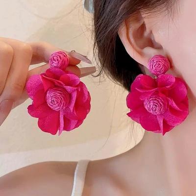 Exaggerated Lafite Chiffon Earrings Boho Style 3D Flower Fabric Earring  Beach Party