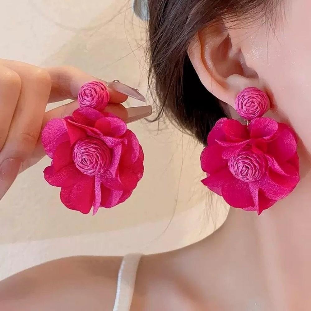 Colorful Long Drop Earrings Boho Style 3D Flower Fabric Earring Beach Party